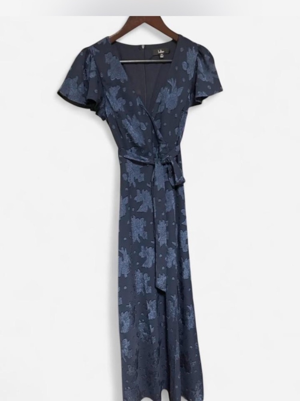 Lulus Navy Floral Textured Jacquard Maxi Dress Faux Wrap Tie Waist Women’s XS